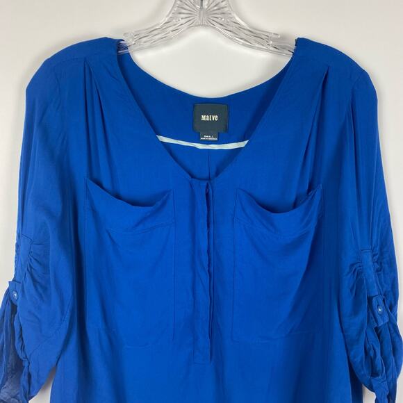 Maeve Anthropologie Royal Blue Rayon Blouse Roll Tab Sleeve Womens Size Small - Picture 4 of 10